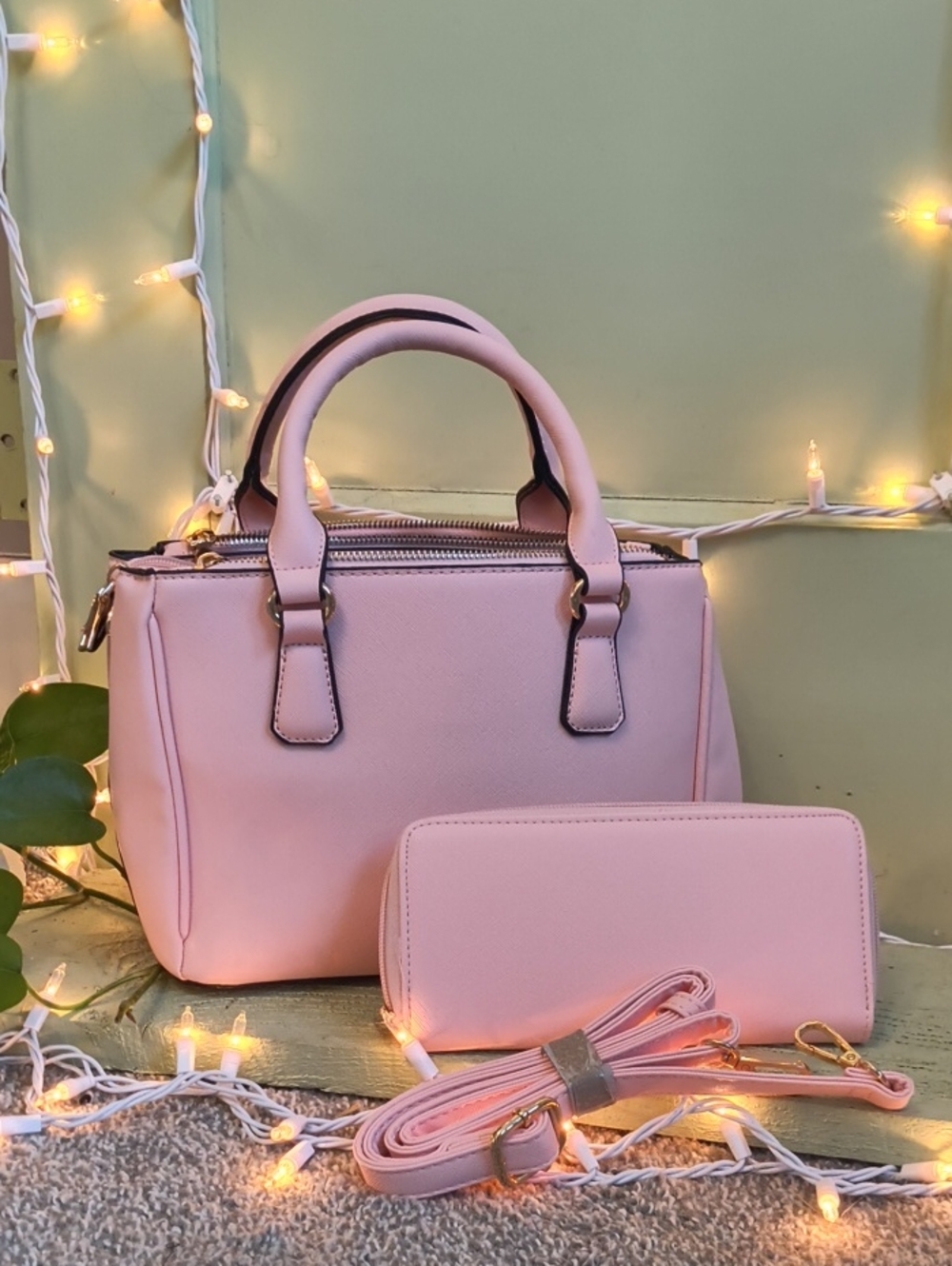Women's Light Pink Satchel & Wallet Vegan Leather Bag Purse Handbag